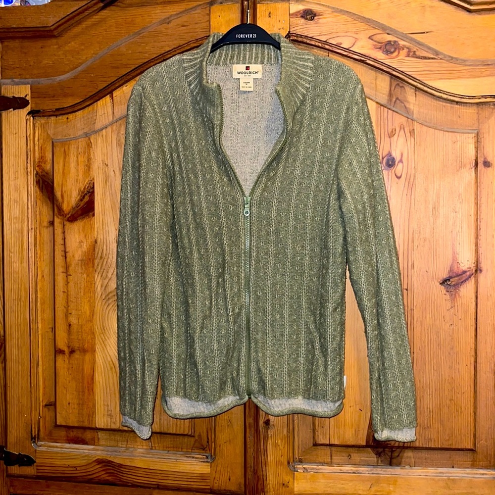 Woolrich women sweater “meadow” green full zip gently worn lambs wool/cotton M
